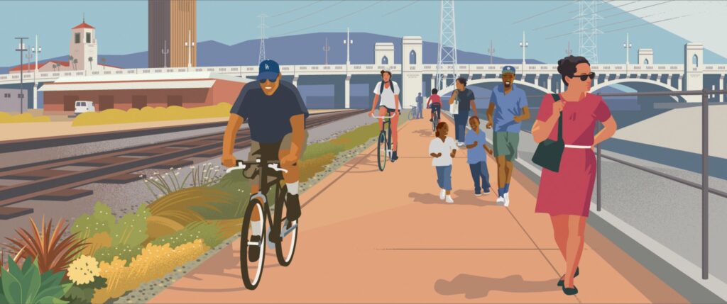 Illustration of bike path containing bikers, walkers along LA River
