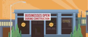Storefront with 'Businesses Open During Construction" sign out front.