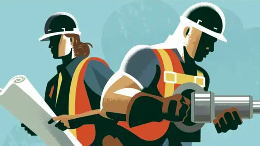 Two construction workers, one with planning documents and the other with a power tool.