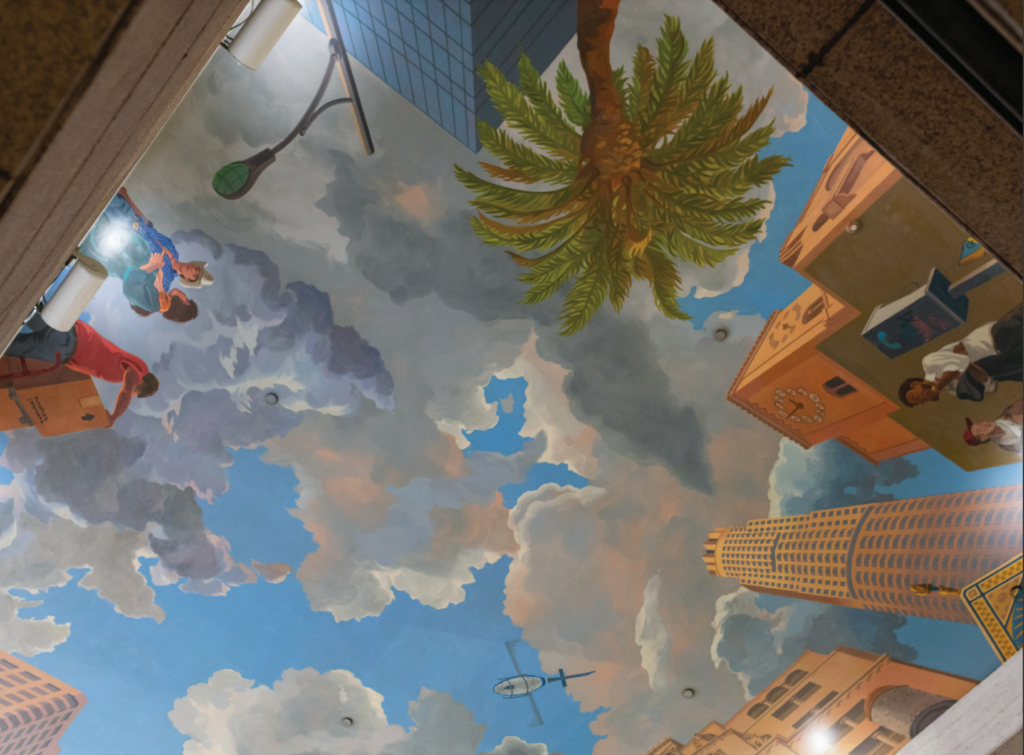 Ceiling mural of Los Angeles from below at 7th Street/Metro Center Station