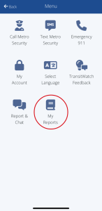 Transit Watch app Menu screen with My Reports icon circled in red