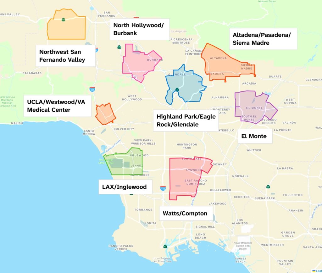 A map of Los Angeles County indicating Metro Micro service areas.